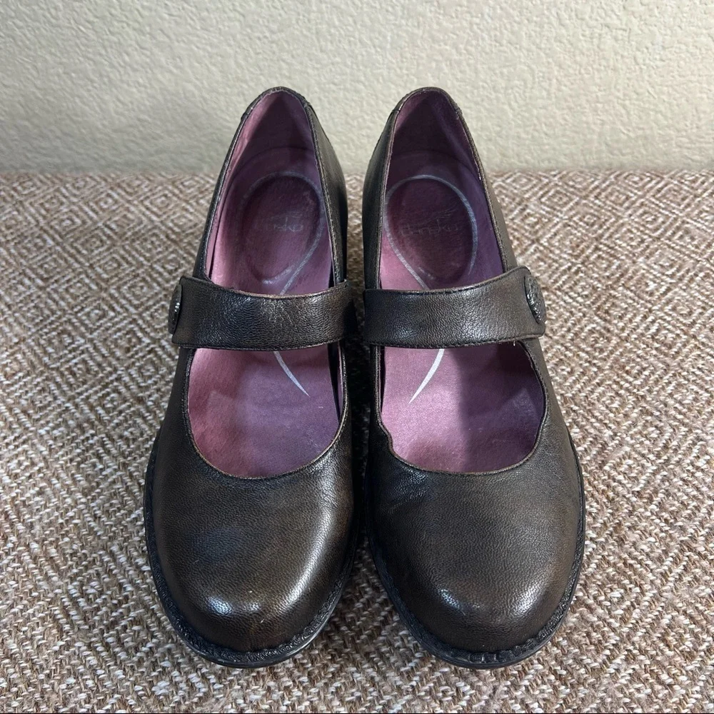 Dansko Adelle Mary Jane Wedge Black Leather Comfortable Dark Academia Sz 38-7.5